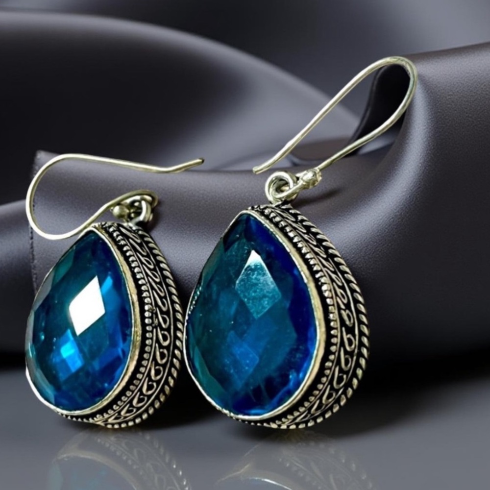 Sterling silver earrings Blue / Teal 925 earrings facets cut Beautiful - Picture 8 of 13